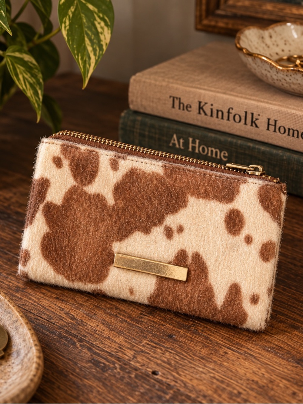 Women's Brown Soft Faux Cowhide Print Zip Wallet